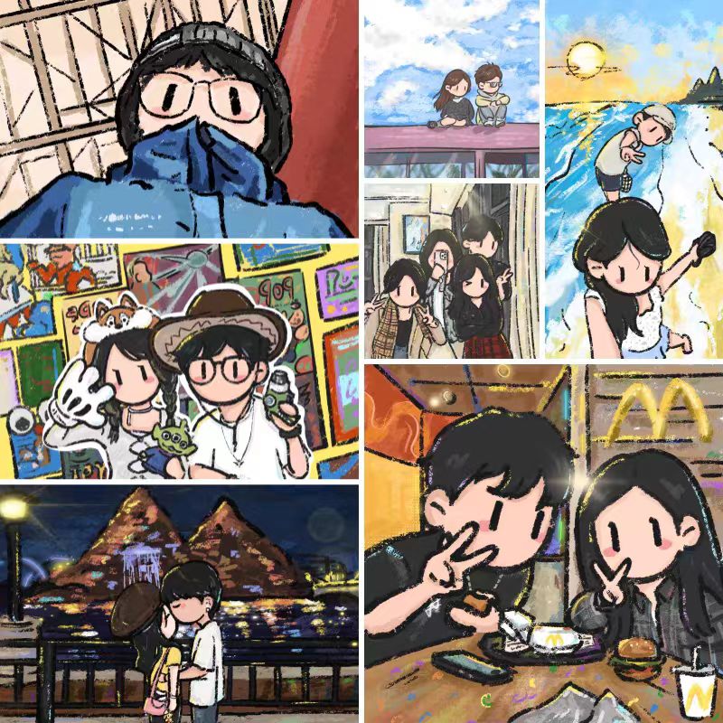 手绘头像定制油画代画手绘空间背景图全家福