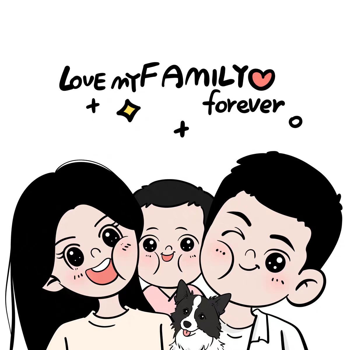 一家三四口加宠物头像全家福手绘画定制