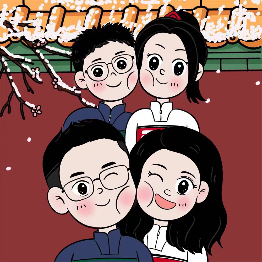 一家三四口加宠物头像全家福手绘画定制